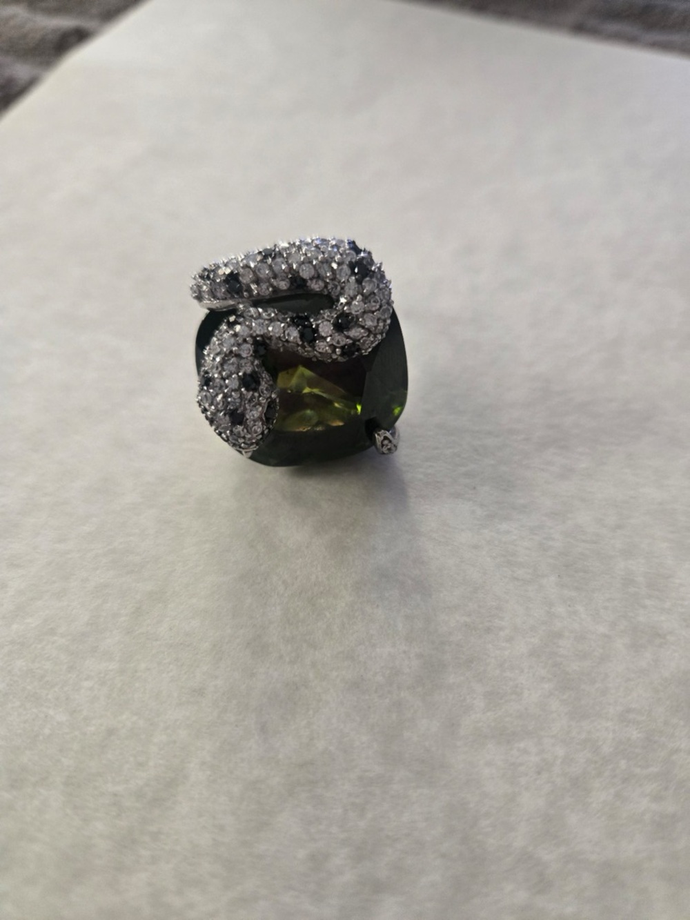 Nadri Olive Green Crystal Snake Ring with Pavé Accents. Sz 8.5